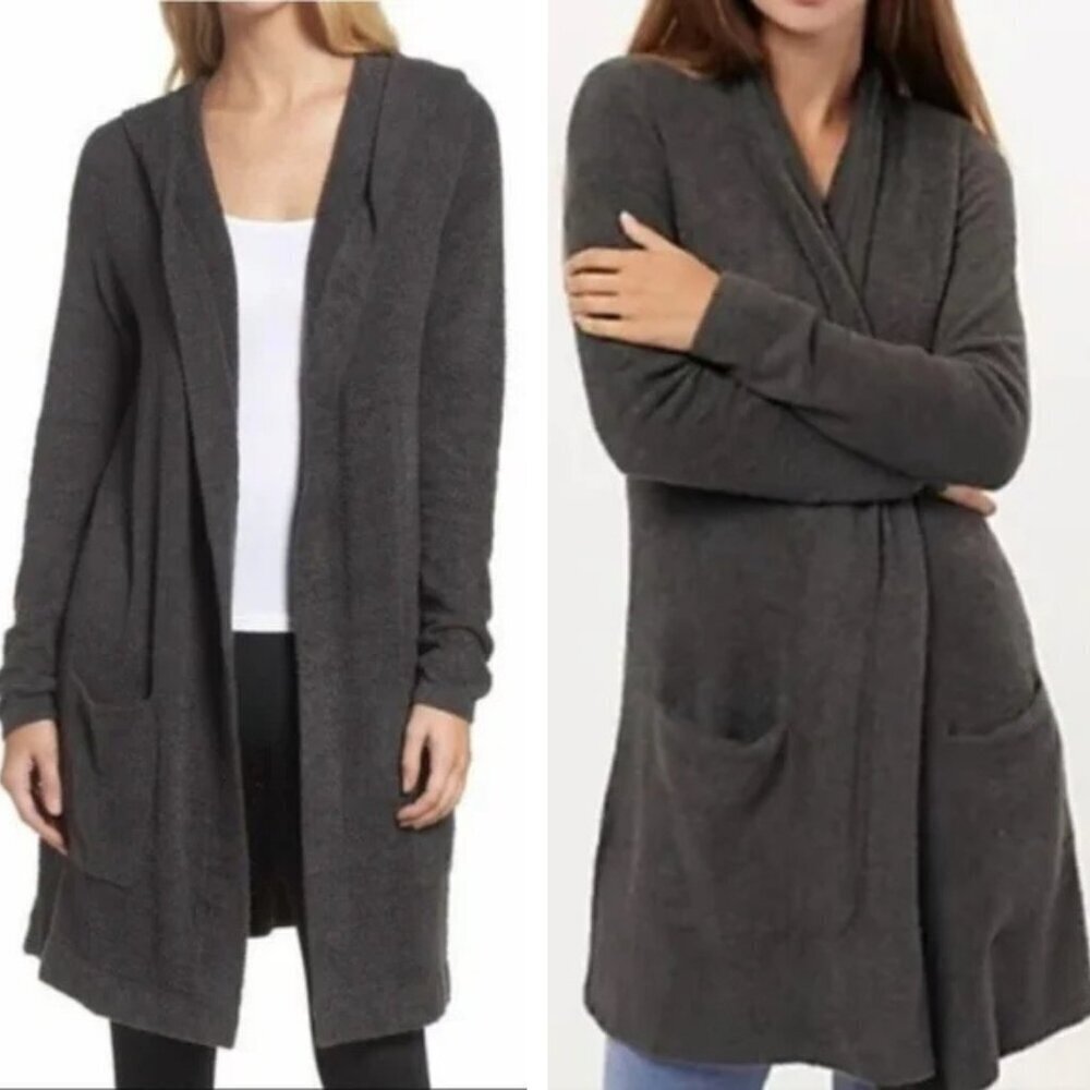Barefoot Dreams Cozy Chic Lite Gray Hooded Cardigan Sweater nbnn